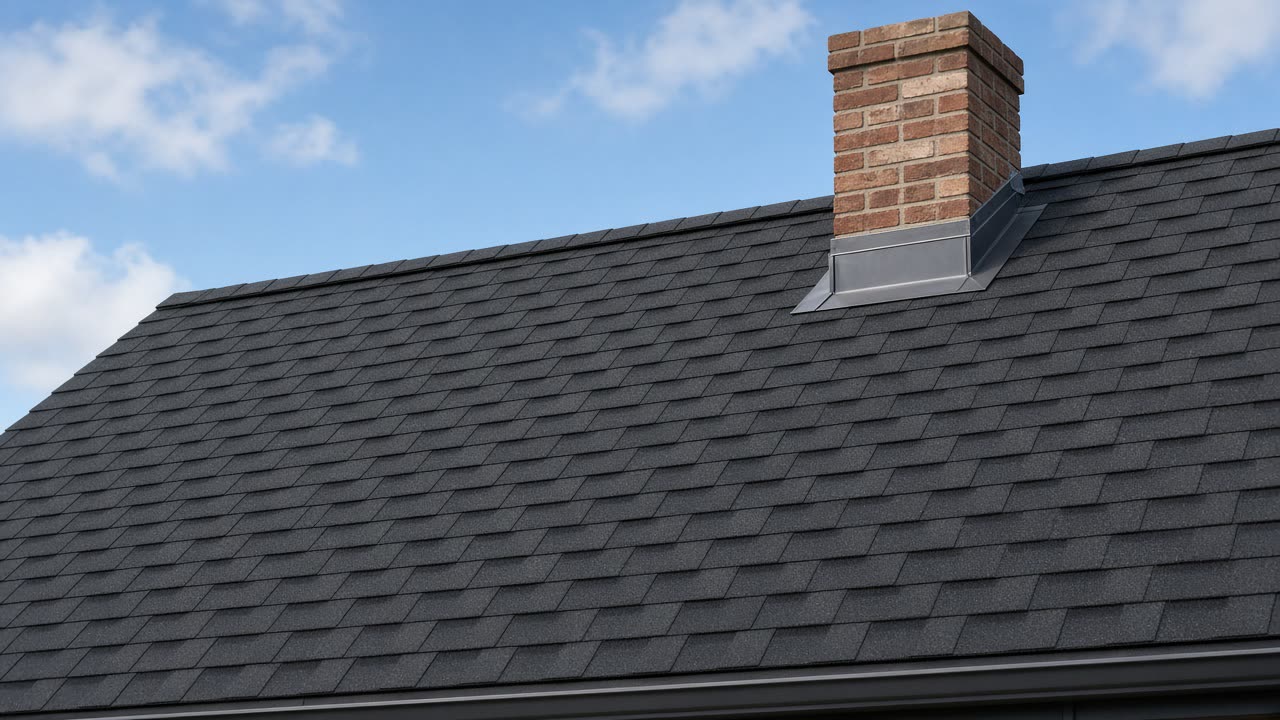 The same roof with new shingles and chimney flashing (illustration)